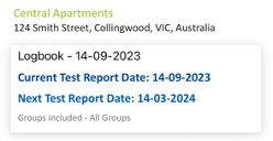 Logbook test results with address, report dates and next test report date